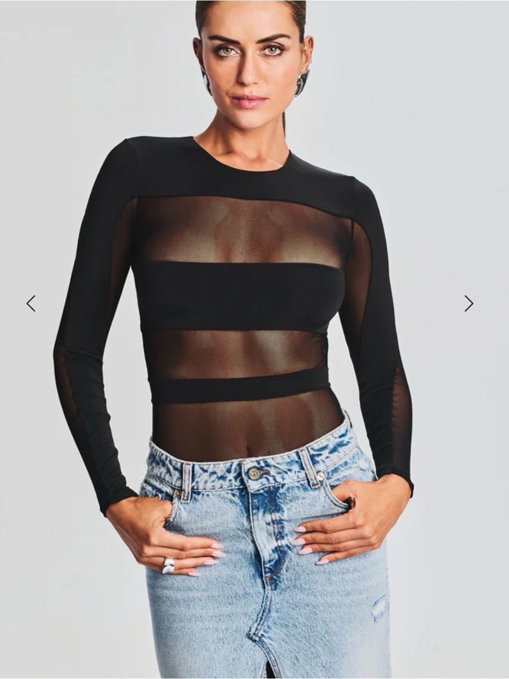 SEROYA CIAR BODYSUIT Sheer Panel Long-Sleeve Black Bodysuit Top m